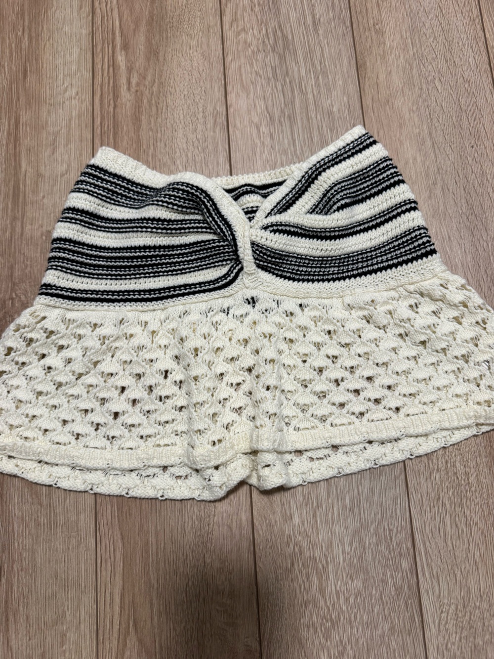 Commense Cream Knit Off-the-Shoulder Sweater with Black Stripes